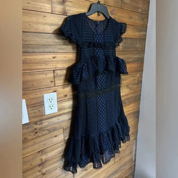 Jay Godfrey Ruffle Lace Dress black and dark blue size 10 excellent condtion - Picture 7 of 14